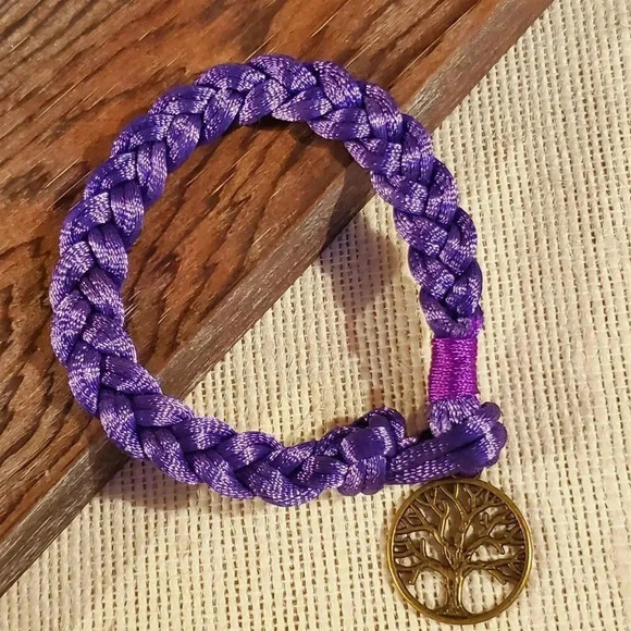 Braided Royal Purple Silk Antique Brass Tree of Life Charm Button Bracelet - Picture 1 of 5
